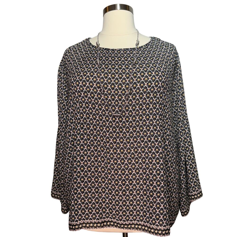Max Studio Blouse Women’s Size 2X Floral Print Long Sleeve Black White & Yellow